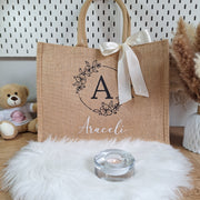 Borsa di Juta con Iniziale Floreale Personalizzata