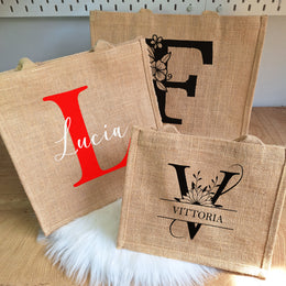 Borsa di Juta con Iniziale Floreale Personalizzata