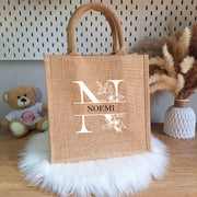Borsa di Juta con Iniziale Floreale Personalizzata