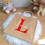 Borsa di Juta con Iniziale Floreale Personalizzata