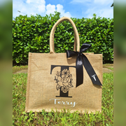 Borsa di Juta con Iniziale Floreale Personalizzata