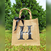 Borsa di Juta con Iniziale Floreale Personalizzata