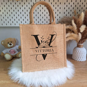 Borsa di Juta con Iniziale Floreale Personalizzata